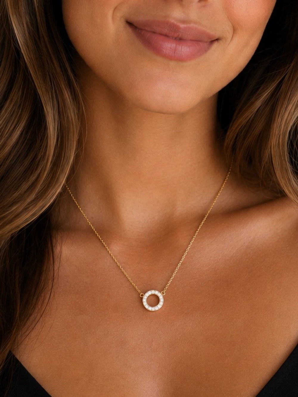 Jaime 24k Gold Plated Faux Pearl Circle Necklace 18” with 3” Extender Velvet Bag